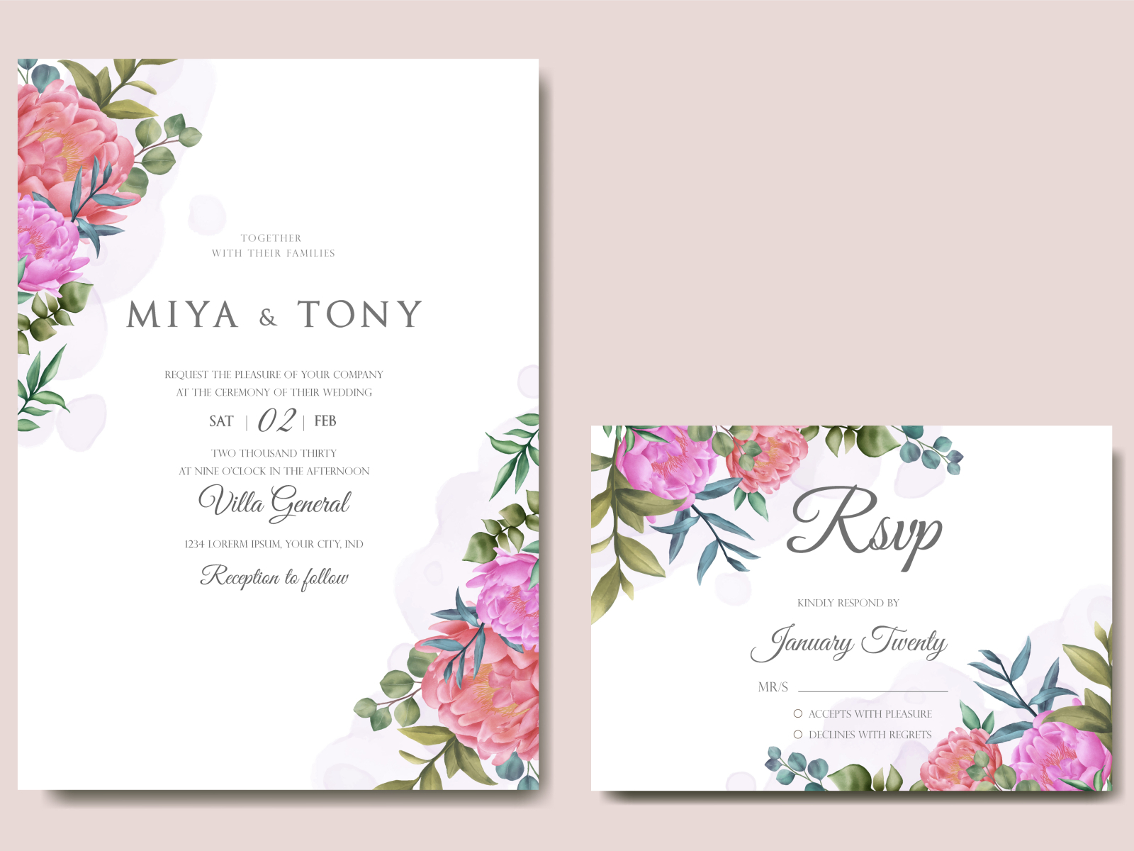 Wedding invitation card with colourful floral and leaves by Dheo Donny ...