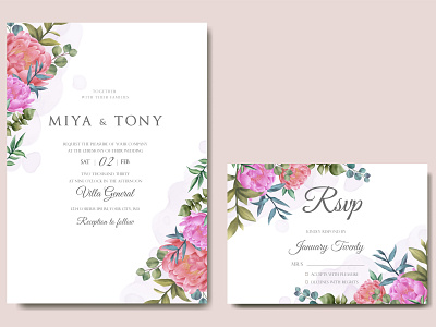 Wedding invitation card with colourful floral and leaves background beauty bridal bundle card eucalyptus floral flower frame illustration invitation leaf leaves peonies pink rose set template watercolor wedding