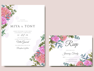 Wedding invitation card with colourful floral and leaves