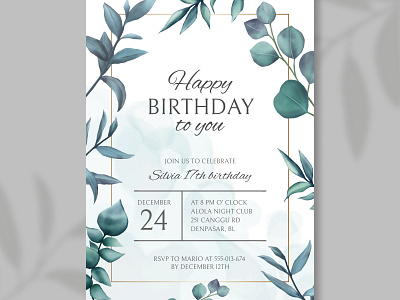 Happy birthday invitation with leaves aniversary background beauty bridal bundle card celebrate eucalyptus floral frame happybirthday illustration invitation leaf leaves party set watercolor wedding wreath