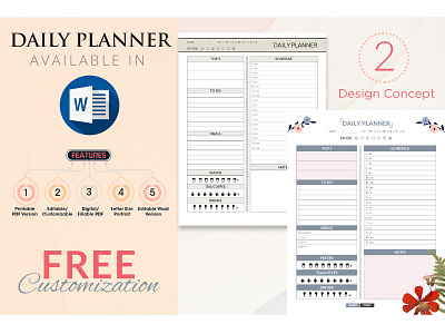 Daily Planner Design in Microsoft Word & Digital PDF clean planner daily work planner fillable pdf planner minimal personal planner printable planner to do list