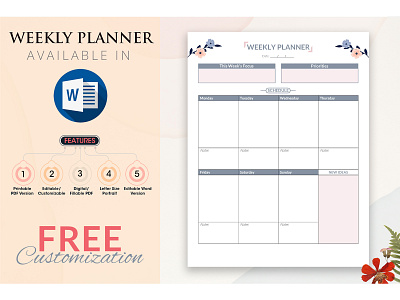 Weekly Planner Design in Microsoft Word & Digital PDF clean planner design elegant planner personal planner printable planner