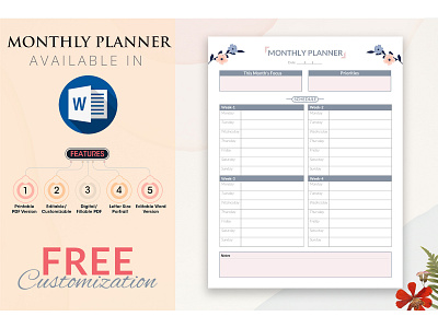 Monthly Planner Design In Microsoft Word, Digital PDF elegant planner personal planner planner planner design printable planner professional