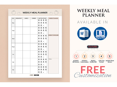 Weekly Meal Planner in Digital PDF clean planner elegant planner healthy meal planner minimal minimalist planner personal planner printable planner