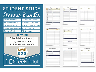 Student Study Planner Design Bundle weekly class timetable