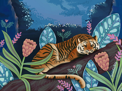 Let Him Sleep botanical illustration dribbble floral illustration freethrow illustration landscape landscape illustration procreate scene scenery tiger wildlife illustration