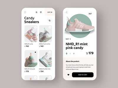 Candy Sneakers adidas app app design clean design flat minimal minimalistic mint pink product shoes shop sneakers ui ux white 插图