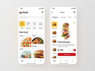 Food Delivery Mobile App app burger cart delivery fastfood food icons mainpage meat menu minimal mobile pizza search sushi tabbar ui