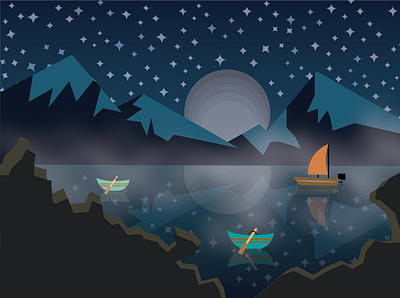 Landscape_night boats lake landscape moon mountains nature night quiet sky