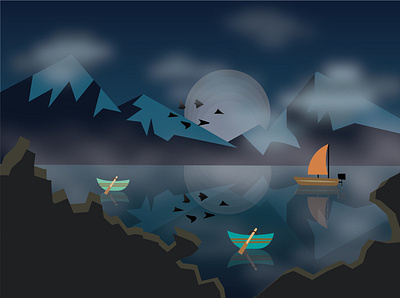 Landscape night_minimal_cloudy version boats illustration lake landscape moon mountains nature night outdoors silence