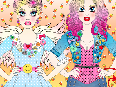 Trick ot Treat angel candy corn candy doll club devil halloween pastel grunge pastel hair pink hair polka dots twins