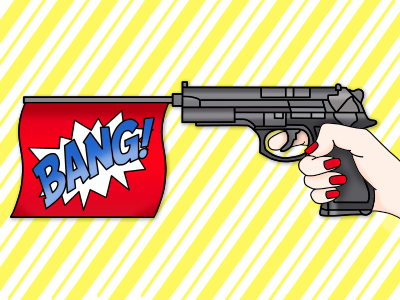 You Shot Me Down bang bang comic fake femme fatale gun joke pop art prank red nails shoot toy gun trick