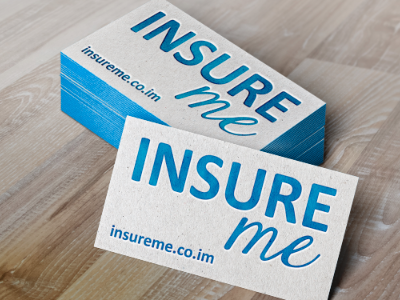 Insure Me blue branding business cards insurance logo design stamped