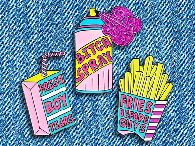 Girl Gang Starter Pack bitch spray enamel pins feminism fresh boy tears fries before guys girl gang girl power glitter pin design soft enamel