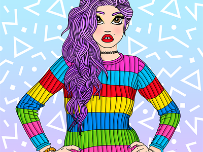 90's Babe 90s apple pencil candy doll club candy pop fashion illustration pastel babe pastel hair purple hair rainbow red lipstick stripes