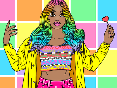 Technicolour Babe bright candy doll club fashion fashion illustration fashion illustrator illustration ombre hair pastel hair pattern rainbow hair style vivid