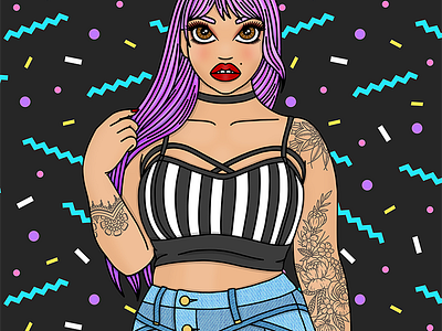 Hypnotize 90s candy doll club fashion illustraton pinup purple hair tattoos