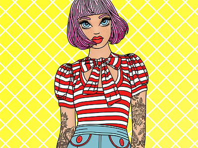 Summertime Sadness candy doll club fashion illustration fashion illustrator ombre hair pink hair red lipstick rockabilly stripes tattoos
