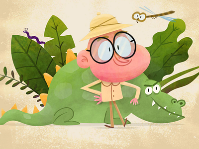 Exploring the wilderness cartoon children dinosaur explorer firefly illustration jungle kids