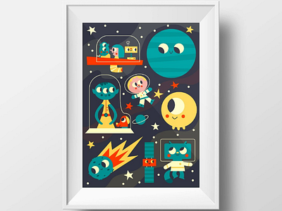 Happy Times in Space alien cartoon cat children flat design kids planet retro rocket satellite science fiction space spaceship ufo vintage