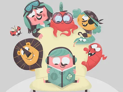 Reading Initiative Illustration "Zeit Punkt Lesen" adobeillustrator book cartoon character characterdesign children headphones illustration illustrator kids kids illustration lion literacy mummy photoshop pilot pirate reading snake vector