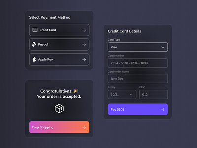 Credit Card Checkout components | Daily UI 002 checkout components creditcard dailyui dailyui 002 dailyuichallenge dark dark mode dark theme form minimal payment form payment method payments ui