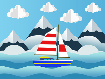 Boat, Cloud, See and Mountains art banner boat cloud design flat graphic desin icon illustration illustrator minimal mountail photoshop see ui waves
