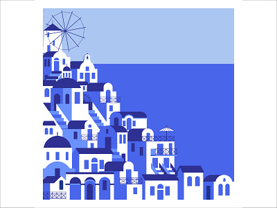 Blue houses blue flat greece holiday houses illustration island panorama postcard santorini travel vector