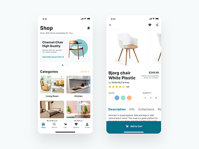 Furniture Shop App add to cart app design ecommerce furniture store ios app online shop product details products shopping app shopping cart ui ux