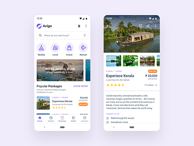 Travel App android app design explore destinations material design ticket booking tour packages tourism tourist travel app ui ux