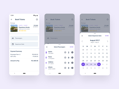 Ticket Booking android android app app design booking flow explore destinations material design online ticket booking ticket booking tour packages tourism travel agency app travel app ui ux
