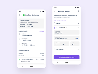 Booking Confirmed app design booking confirmed booking details material design payment options ticket booking tour packages tourism travel agency app travel app ui ux
