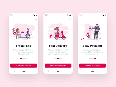 Food Delivery App Onboarding android app design easy payment fast delivery features food delivery app food ordering fresh food illustrations material design onboarding online food order ui ux walkthroughs