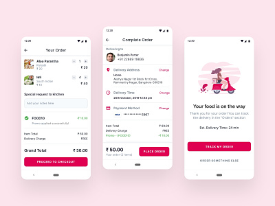 Order Food android app design cart checkout checkout flow checkout process food delivery app food order food ordering app material design online food order order confirmed payment shopping cart ui ux