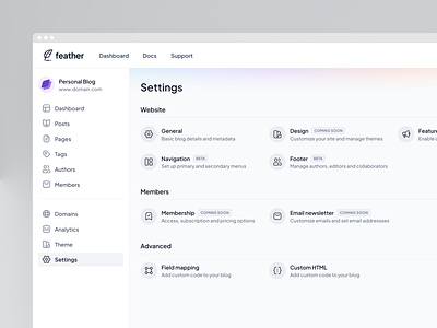 Feather — Settings app design blog dashboard membership newsletter preferences settings ui ui design ux ux design web app web design writing