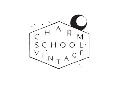 Charm School Vintage Unused. black and white brand identity logo moon space stars