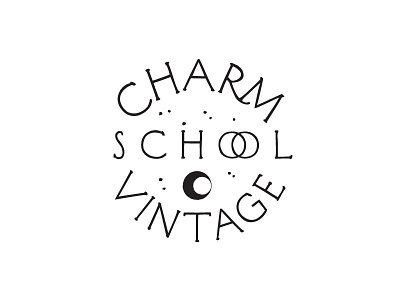 Charm School Vintage Main. black and white brand identity logo moon space stars