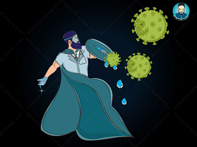 Superhero doctor fight with coronavirus illustration