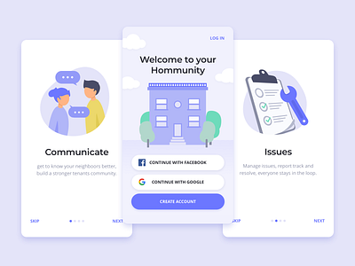 Hommunity app building community home illustrations login mobile onboarding residential steps walkthrough