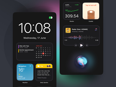 Smart Speaker UI (WIP) app apple calendar dark mode dark ui design futuristic glows gradients ios14 music siri smart device smart ui smarthome ui ui ux user inteface voice widgets