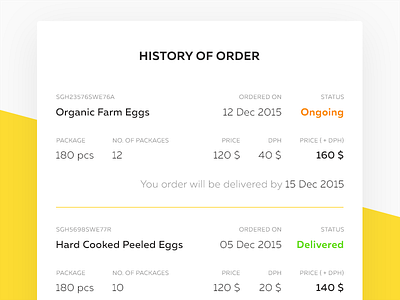 Order History Page ecommerce egg history nutrition order package sales status tax ui website price