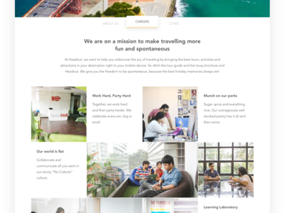 Careers/Jobs Page about us activity careers culture experience headout jobs landing team travel website workspace