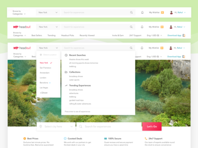 Desktop New Header desktop dropdown experience header headout homepage landing menu menu bar search travel website
