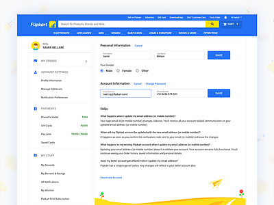 Profile Information account ecommerce email fields flipkart form gender password personal profile settings ui