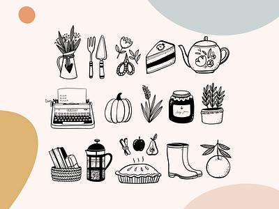 Doodle elements elements flowers garden icons illustration line procreate procreate app tea typewriter