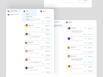 Posts and Requests panels with filter options filter posts by group and type moderate content product design task analyse ui filters ui modeling