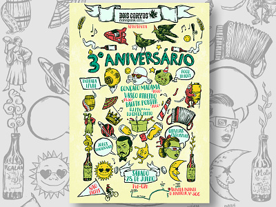 Poster artwork for the 3rd anniversary of Dois Corvos animals beer drawing graphic design illustration party people poster poster art