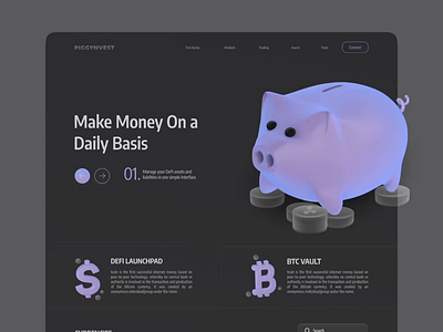PIGGYNVEST: Decentralized Finance Landing Page 2021 3d animation coin crypto cryptocurrency decentralized finance design invest investment landing page motion graphics piggy bank trading ui ux vector web