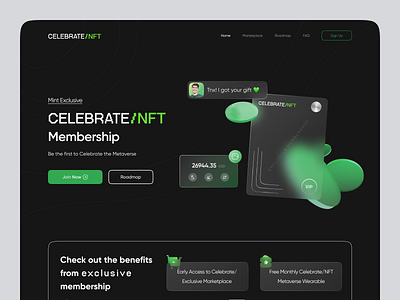 Celebrate/NFT: NFT Marketplace 2021 3d branding crypto cryptocurrency dark design glass glassmorphism green illustration landing page logo marketplace nft nft marketplace typography ui ux vector