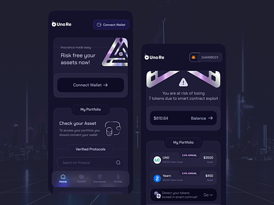 UnoRe Portal: Crypto Insurance app application assets coin crypto cryptocurrency dark mode design future glass holograohic insurance mobile portal token ui ux